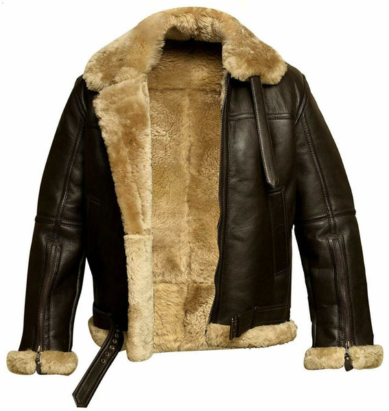 Men's RAF B3 Bomber Ginger Aviator Real Leather Jacket Sheep Skin Pilot Flying Dark Brown Winter Coat