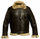 Men's RAF B3 Bomber Ginger Aviator Real Leather Jacket Sheep Skin Pilot Flying Dark Brown Winter Coat