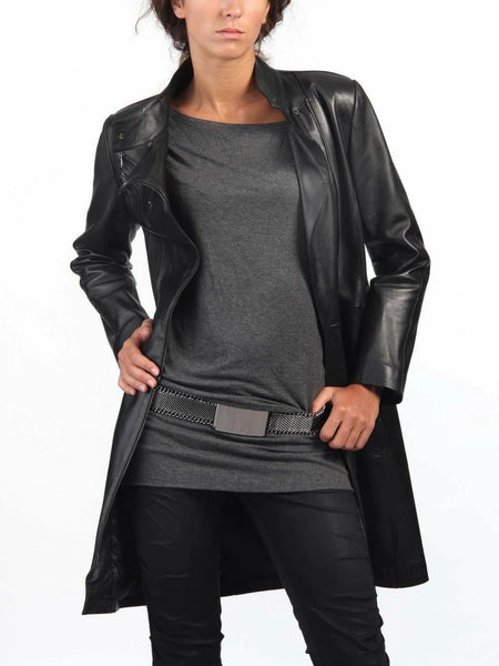 Women's Black Real Leather Trench Long Overcoat