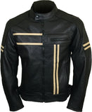 Leather Vintage Cruiser Retro Motorbike Motorcycle Jacket New Café Racer Beige stripes