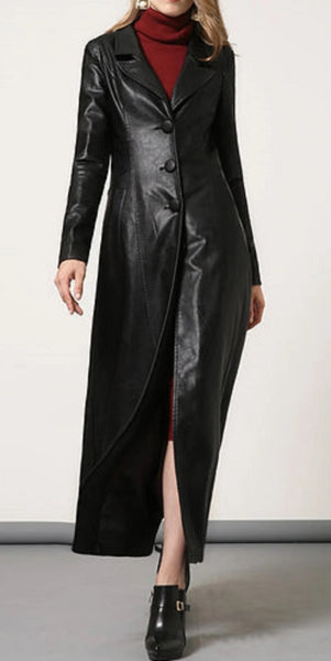 Women's Black Real Leather Trench Long Overcoat