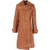 Women's 3-4 Double Breasted Distressed Tan Leather Trench Long Overcoat