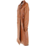 Women's 3-4 Double Breasted Distressed Tan Leather Trench Long Overcoat