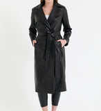 Women's Black Real Leather Trench Long Overcoat