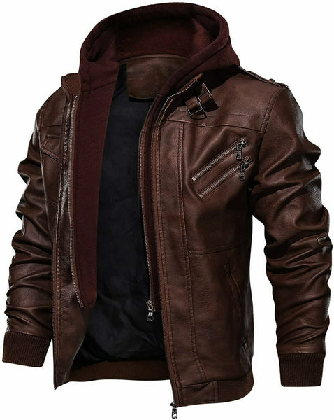 Men's Casual Stand Collar Chocolate Brown Sheep Leather Zip-Up Biker Jacket Removable Hood