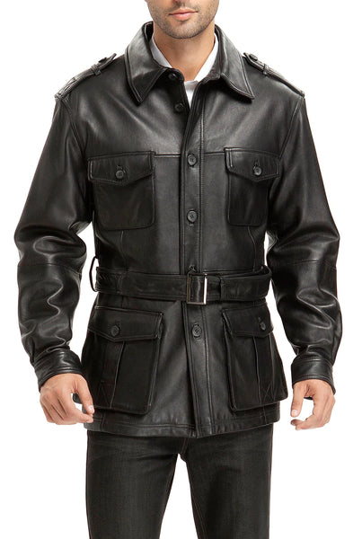 Men's Black Slim Fit Trialmaster Real Sheep Leather Collared Biker Belted Button Up Jacket