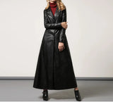 Women's Black Real Leather Trench Long Overcoat