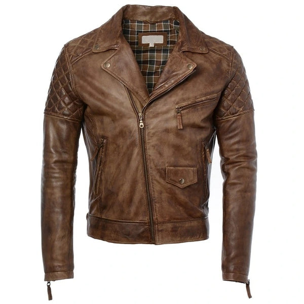 Men's Distressed Brown Quilted Motorbike Leather Jacket