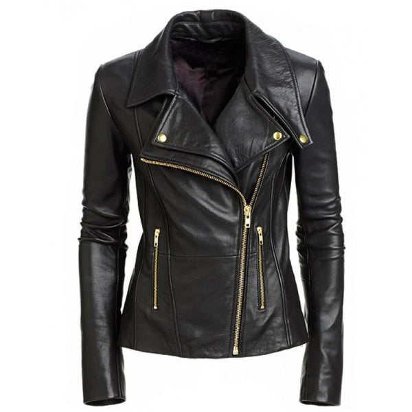 Ladies Women's Black Slim Fit Biker Lambskin Leather Moto Real Leather Jacket