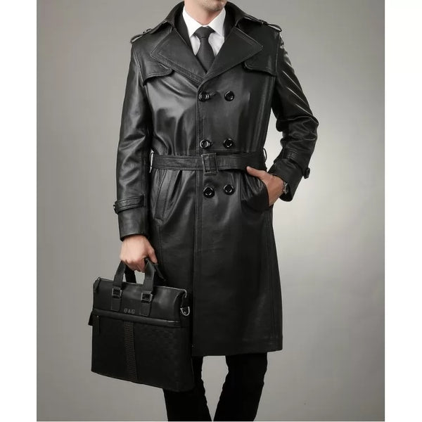 Men's Black Trench Coat Slim Fit Cowhide Leather Long Winter Jacket Knee Length