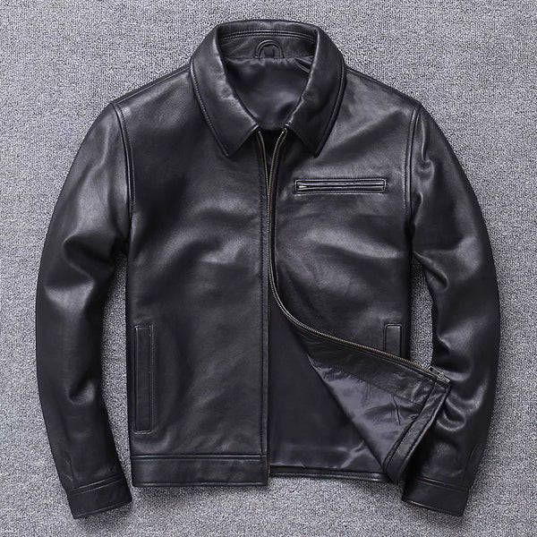 MENS BLACK FASHION SHEEP LEATHER CLASSIC COLLARED SLIM FIT JACKET