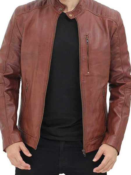 Men's Distressed Brown Cafe Racer Leather Jacket