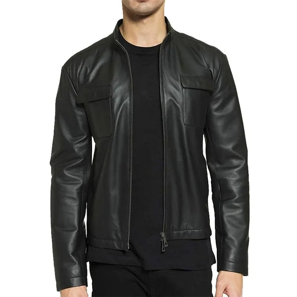 Men's Standup Collar Black Faux Leather Biker Jacket