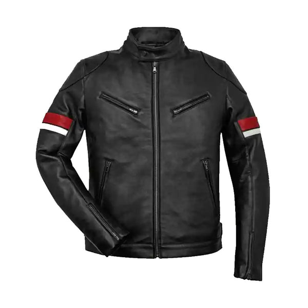 Men's Black Leather Cafe Racer Red And White Stripes Jacket