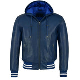 Men's Blue Leather Hooded Bomber Biker Jacket