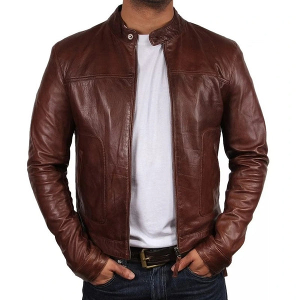 Men's Slim Fit Brown Leather Biker Jacket