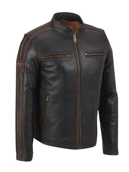 Men's Cafe Racer Brown Stripes Black Leather Biker Jacket