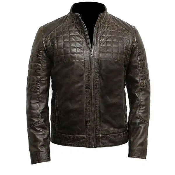 Men's Cafe Racer Distressed Brown Quilted Leather Jacket
