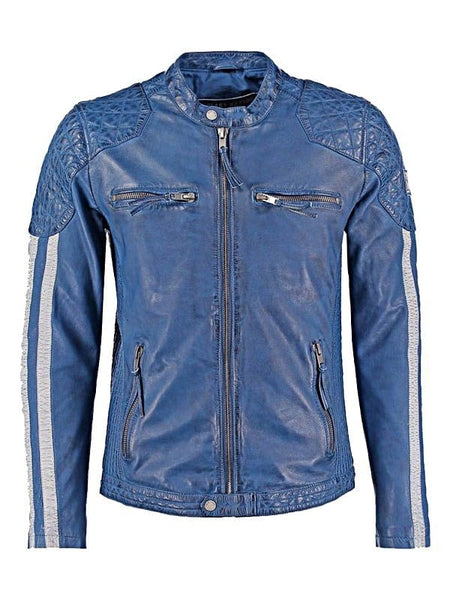 Men's Cafe Racer Blue Leather Biker Jacket With White Stripes