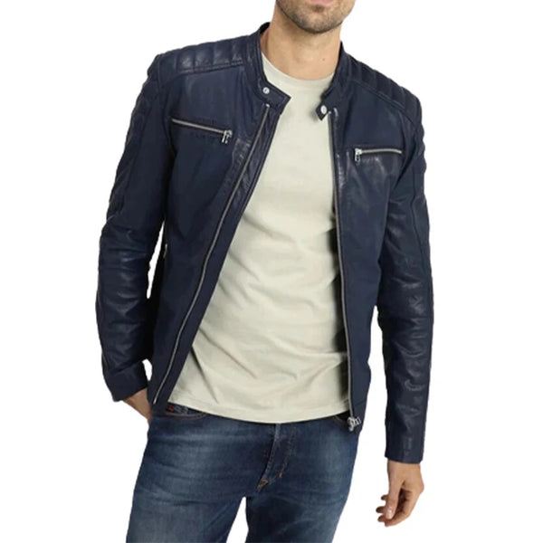 Men's Cafe Racer Padded Navy Blue Leather Jacket