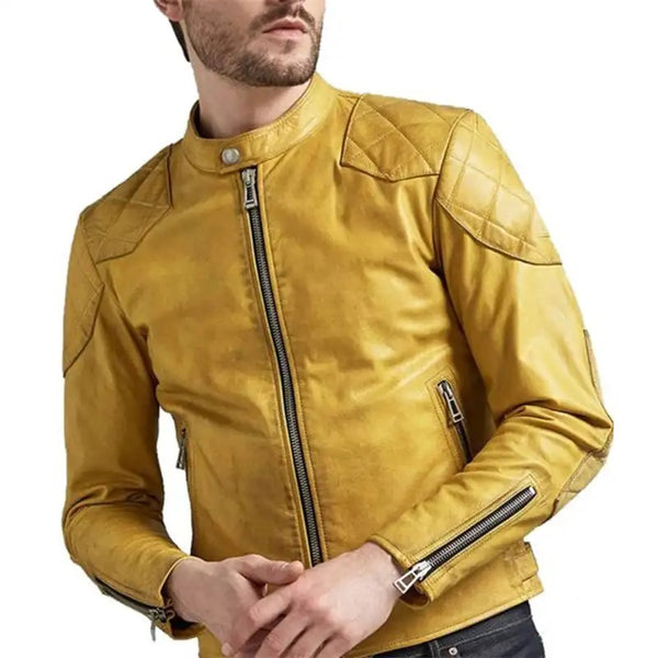 Men's Slim Fit Cafe Racer Quilted Yellow Leather Jacket
