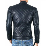 Men's Slim Fit Cafe Racer Quilted Navy Blue Leather Jacket