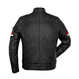 Men's Black Leather Cafe Racer Red And White Stripes Jacket