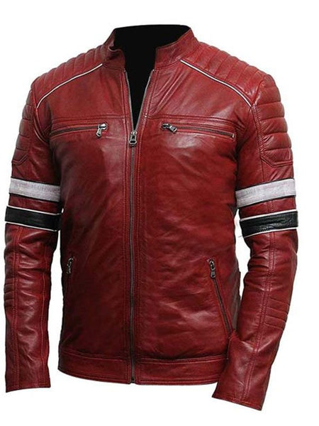 Men's Shoulder Padded Red Striped Biker Leather Jacket
