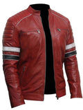 Men's Shoulder Padded Red Striped Biker Leather Jacket