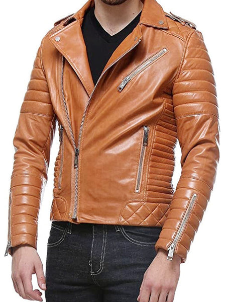 Men's Quilted And Padded Tan Motorbike Leather Jacket