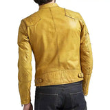 Men's Slim Fit Cafe Racer Quilted Yellow Leather Jacket