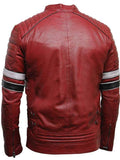 Men's Shoulder Padded Red Striped Biker Leather Jacket