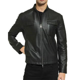 Men's Standup Collar Black Faux Leather Biker Jacket