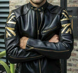 Men's Black Biker Vintage Motorcycle Café Racer Gold UK Flag Real Leather Jacket