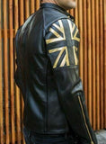 Men's Black Biker Vintage Motorcycle Café Racer Gold UK Flag Real Leather Jacket