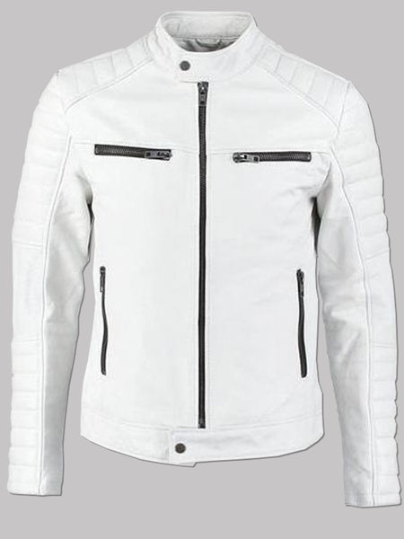 Men's Slim Fit Padded  White Leather Biker Jacket