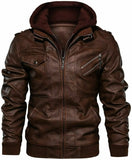 Men's Casual Stand Collar Chocolate Brown Sheep Leather Zip-Up Biker Jacket Removable Hood