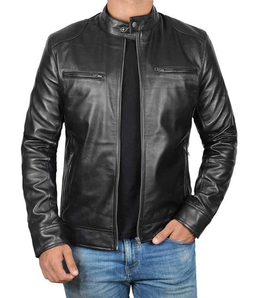 Men's Fashion Real Leather Slim Fit Black Lambskin Leather Biker Style Motorcycle Café Racer Jacket