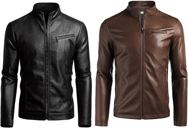 Men's Real Leather Slim Fit Black & Brown Sheep Leather Stand Collar Jacket