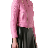 Womens Biker Quilted Assymetrical Pink Leather Jacket