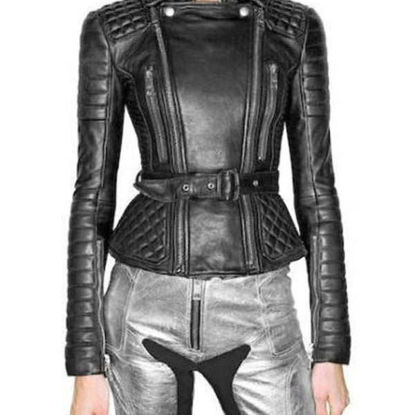 Womens Biker Padded Belted Black Leather Jacket