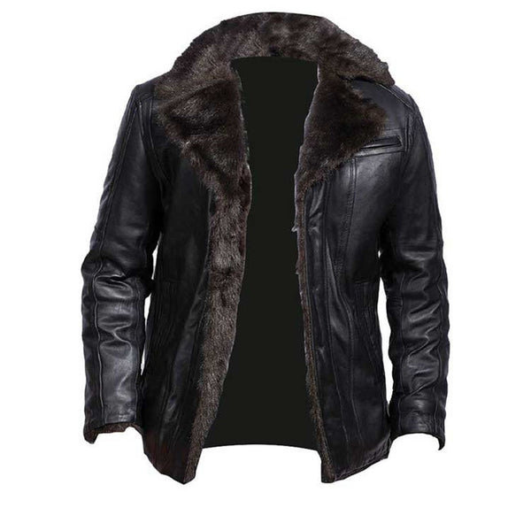 Men's Aviator Real Leather Jacket Sheep Skin Black Fur Lining Button-up Jacket Shirt