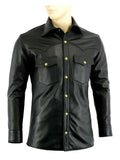 Mens Casual Biker Vintage Black Genuine Real Lambskin Leather Shirt Retro Moto