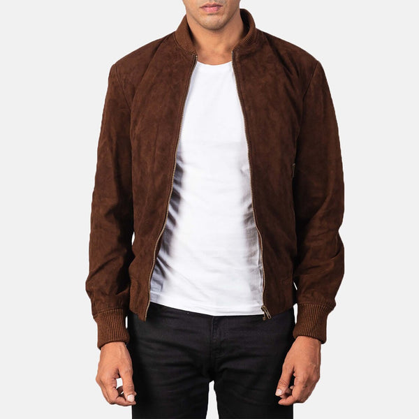 Men's Brown Suede Leather Jacket Slim fit Biker Motorcycle Bomber Casual Jacket