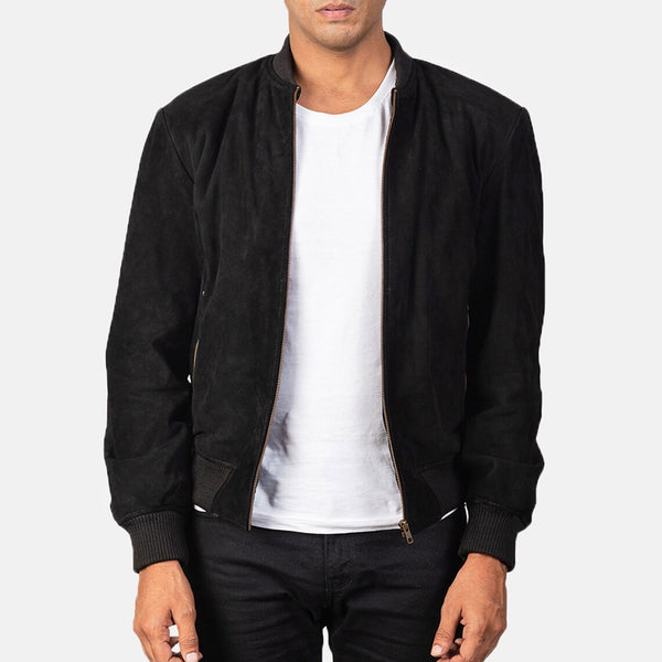 Men's Black Suede Leather Jacket Slim fit Biker Motorcycle Bomber Jacket