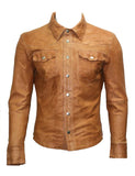 Men's Casual Biker Vintage Waxed Distressed TAN Real Leather Shirt Retro Moto