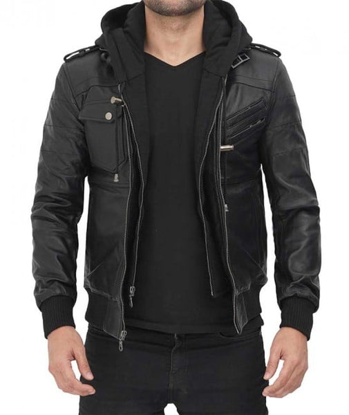 Men's Casual Black Sheep Leather Zip-Up Biker Winter Jacket Detachable Hood