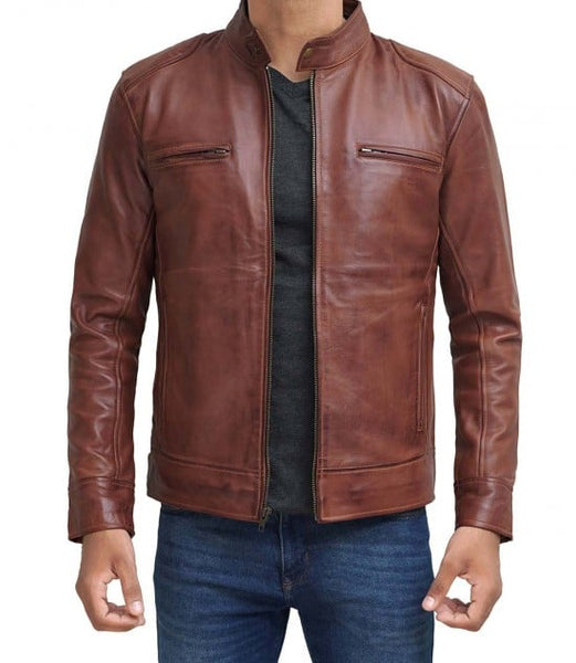 Men's Fashion Real Leather Slim Fit Brown Lambskin Leather Biker Style Motorcycle Café Racer Jacket