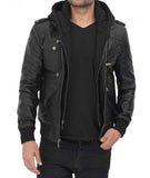 Men's Casual Black Sheep Leather Zip-Up Biker Winter Jacket Detachable Hood