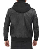 Men's Casual Black Sheep Leather Zip-Up Biker Winter Jacket Detachable Hood